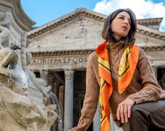 Horse Print Silk Twill Scarf, Vibrant Orange Yellow, Hand-Rolled