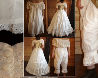 CIVIL WAR DRESS UNDERPINNING WHITE COTTON CHEMISE /& CROTCHLESS PANTALETS~PLUS