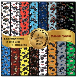 Monster Truck Monster Jam Seamless sized for 12x12, Stationary, cards, digital paper, scrapbook paper, 12x12 paper, GiggleBoxDesignShop