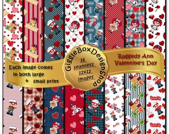 Happy Valentine’s Day Raggedy Ann Seamless sized for 12x12, cards, digital paper, scrapbook paper, 12x12 paper, GiggleBoxDesignShop