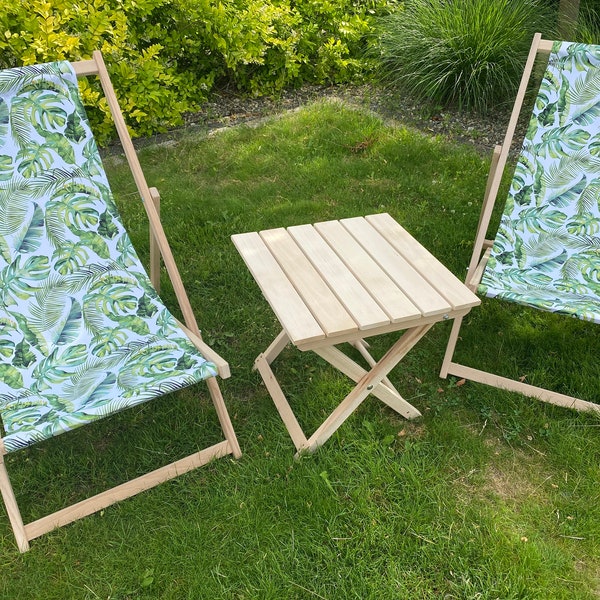 Lot de 2 chaises longues pliantes rembourrées + table, chaise longue de jardin en bois PATIO BORD DE MER Beach Festival siège de voyage en plein air