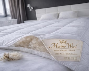 Merino Wool Comforter 100% Wool Filling – Breathable Cotton Cover – Premium Natural Duvet 500gsm , all season 10.5 tog approx