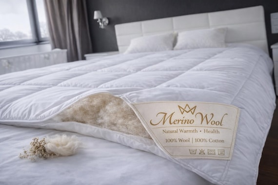 Merino Wool Comforter 100% Wool Filling – Breathable Cotton Cover – Premium Natural Duvet 500gsm , all season 10.5 tog approx