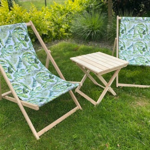 Pack of 2 Sun Loungers Padded Folding deck chair + table , sun lounger Wooden Garden Chair PATIO SEASIDE Beach Festival Outdoor  Seat green
