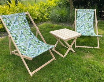 Pack of 2 Sun Loungers Padded Folding deck chair + table , sun lounger Wooden Garden Chair PATIO SEASIDE Beach Festival Outdoor  Seat green