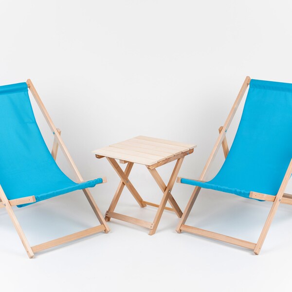 Lot de 2 chaises longues pliantes rembourrées + table, chaise longue de jardin en bois PATIO BORD DE MER Beach Festival siège de voyage en plein air