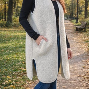 Gilet long, chaud et naturel, cousu main en laine mérinos : gilet toutes saisons pour femme, lain