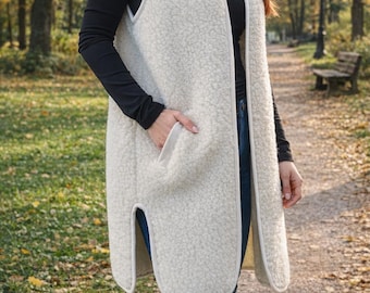 Long Quality warm,natural Hand-Sewn Merino Wool Vest: Women's All-Season Gilet lain