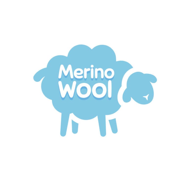 May include: A light blue cartoon sheep with the text "Merino Wool" inside the sheep's body.