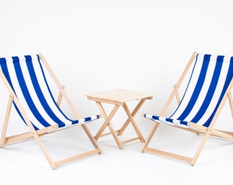 Lot de 2 chaises longues pliantes rembourrées + table, chaise longue de jardin en bois PATIO BORD DE MER Beach Festival siège de voyage en plein air