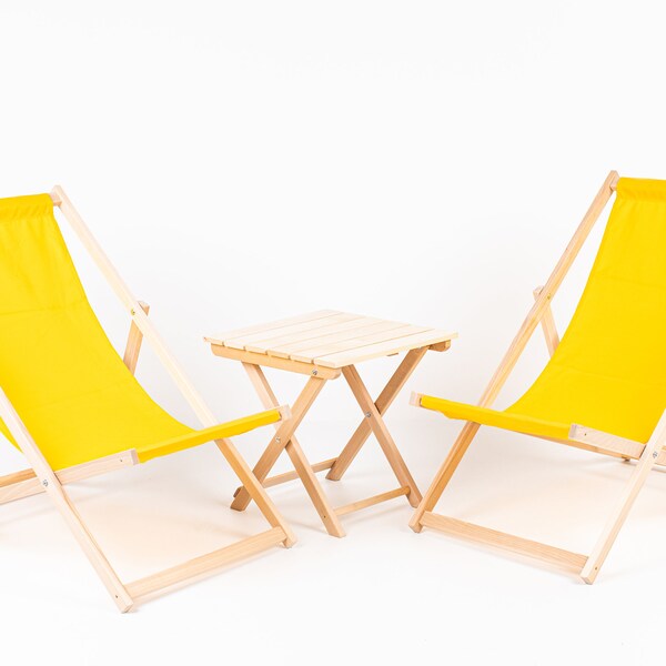 Lot de 2 chaises longues pliantes rembourrées + table, chaise longue de jardin en bois PATIO BORD DE MER Beach Festival siège de voyage en plein air