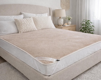 Merino wool mattress topper , under blanket, wool bed sheet with corner straps  , Reversible , All Seasons Cot bed Beige
