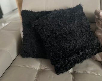 Pack of 2 Hand made Genuine Sheepskin Beautiful Natural Black Real Sheepskin Decorative Cushion Both Side Fur Scandinavian Style