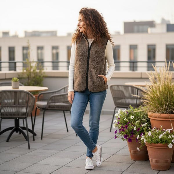 Handgenaaid merinowollen vest: damesvest voor alle seizoenen voor winterkleding merinowol lamsvest