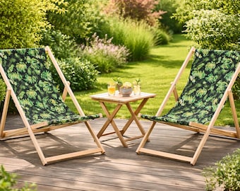 Folding Wooden Sun Lounger Set: Padded Beach Deck Chairs + Table