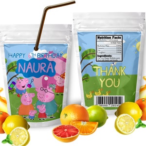 May include: A pink and blue juice pouch with a Peppa Pig theme. The pouch has a straw and says "Happy 6th Birthday Naura" on the front. The back of the pouch has a nutrition facts label and says "Thank You".