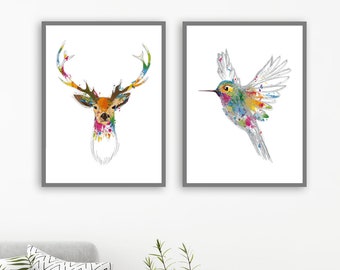 Bird Deer Animal wall art, Nature Deer Bird Poster, Gift idea, Living room decor, Bedroom wall art, Canvas Print, Scandinavian Style Poster