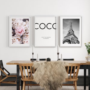 Set de 3 carteles, Paris Eiffel Tower Print, Pink Grey Peony Flowers Poster set, Canvas Print, Coco I'm Fasion Print, Coco Paris Wall Art