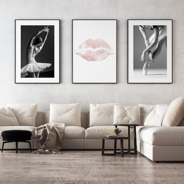 Affiches de ballerine rose gris, ensemble de 3 tirages d’art mural, mur de la galerie d’art de ballet, ensemble de 3 tirages d’art en gris et rose, tirages de grands formats