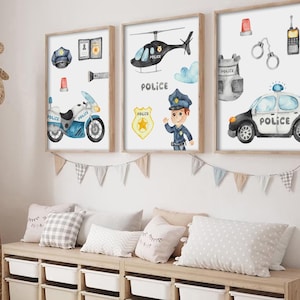 Juego de 3 pósteres infantiles: coche de policía, motocicleta, helicóptero, arte mural de policía, decoración de habitación para niña o niño, impresión de coche de policía, arte policial infantil.