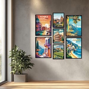 Galerie murale italienne, lot de 7 affiches, Sorrento Rome Venise Toscane Positano Amalfi Florence impression, affiche de voyage d&#39;été, art mural vintage