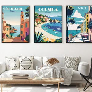Conjunto de pósteres de viajes franceses: Costa Azul, Córcega, Niza, Riviera Francesa, impresiones artísticas francesas, vintage, Francia, arte mural de la Riviera, póster de viaje de Niza