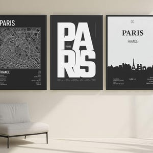 3er Set Paris Frankreich Karte Poster, Schwarz Weiß Stadt Karte Druck, Moderne Loft Wand Kunst, Minimalistische Urban Einrichtung, Frankreich Druck, Wohnzimmer, Büro