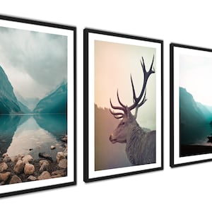 May include: A set of three framed prints featuring nature scenes. The first print shows a mountain lake with a misty sky. The second print shows a deer with large antlers. The third print shows a mountain lake with a boat on the water.