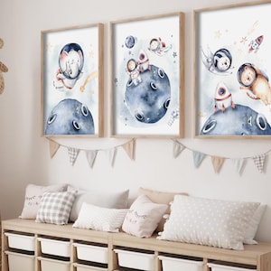 Tier im Weltraum Poster Set 3, Elefanten-Kaninchen-Astronautendrucke, Weltraumabenteuer-Wandkunst, Kinderzimmer-Kunst, Weltraumreise, Weltraum-Kinderzimmer-Plakat