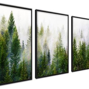 3 Stück Wald Poster, Wald 3 Stück Nebel, Wald Landschaft, 3-er Set Foggy Wald Poster, Leinwanddruck, Nebligen Bäume Set