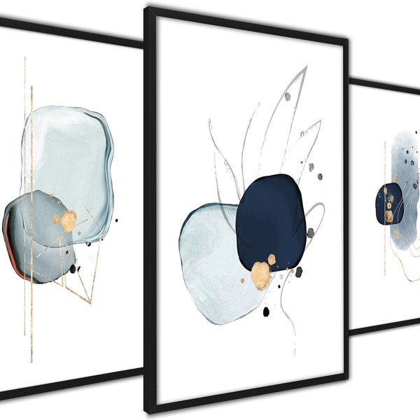 Poster Set Gold Blue Abstract Minimal Print, Modern Wall Art, Minimalist Decor Poster, Neutral Color Abstract Geometry Wall Art,