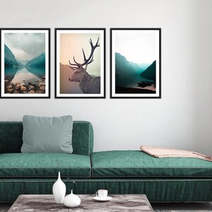 May include: Three framed landscape photographs with a mountain lake and a deer in the middle.