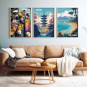 Asian Travel Poster Set: Bangkok, Sri Lanka, Japan Gallery Prints
