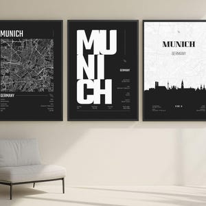 Set of 3 Munich Germany Map Posters,Black and White City Map Print,Modern Loft Wall Art,Minimalist Urban Decor,Munich Print,For Office
