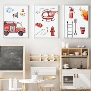 Pósters de camiones de bomberos para niños, arte mural de bomberos, pósteres de bomberos para habitación, póster de bomberos, juego de 3 pósteres, arte mural infantil, idea de regalo