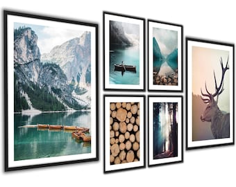 Deer Poster Set, Mountain Art of 6 Prints, Scandinavian Wall Decor, Deer Home Decor, Living Room Poster, Canvas Print, Landscape Pictures