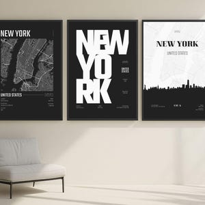 Lot de 3 affiches de carte de New York, impression de carte de la ville en noir et blanc, art mural loft moderne, art mural New York, impression de la ville de New York, pour le bureau