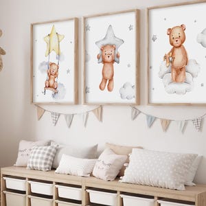 Teddybär 3er Set Kinder Poster, Himmel Wolken Sterne Drucke, Teddy Bär Kinderzimmer Wand, Boho Kinderzimmer Dekor, Teddybär Wandkunst, Baby Dream Kunst