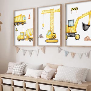 Impressions de véhicules de construction : grue, excavatrice, camion, décoration de chambre d'enfant