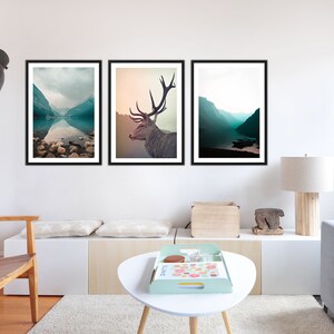 May include: Three framed landscape photographs of a mountain lake with a deer in the middle frame. The lake is a deep blue and the mountains are a soft green. The deer is looking to the right and has large antlers.