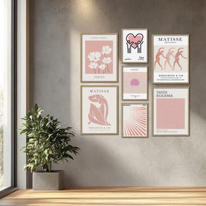 Ensemble de 7 affiches d'abstractions roses, galerie d'art Matisse Kusama Bauhaus, affiche rose pastel, art mural abstrait, marché aux fleurs, art moderne