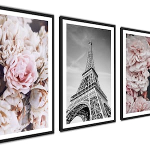Flores románticas Paris cartel set, Torre Eiffel Peony Roses Wall Art, Conjunto de lona, Decoración de la sala de estar, Arte de la pared del dormitorio, París Flores Imagen