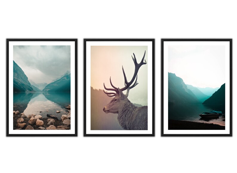 May include: A set of three framed prints featuring a misty mountain lake scene, a close-up of a deer's head, and a distant view of a lake with a boat.