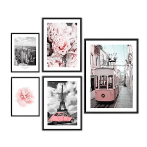 Juego de póster de 5 impresiones, Juego de arte mural de la galería, Carteles rosas New York Lisboa Print, Impresión de papel de lienzo, Set de imágenes de flores de peonía