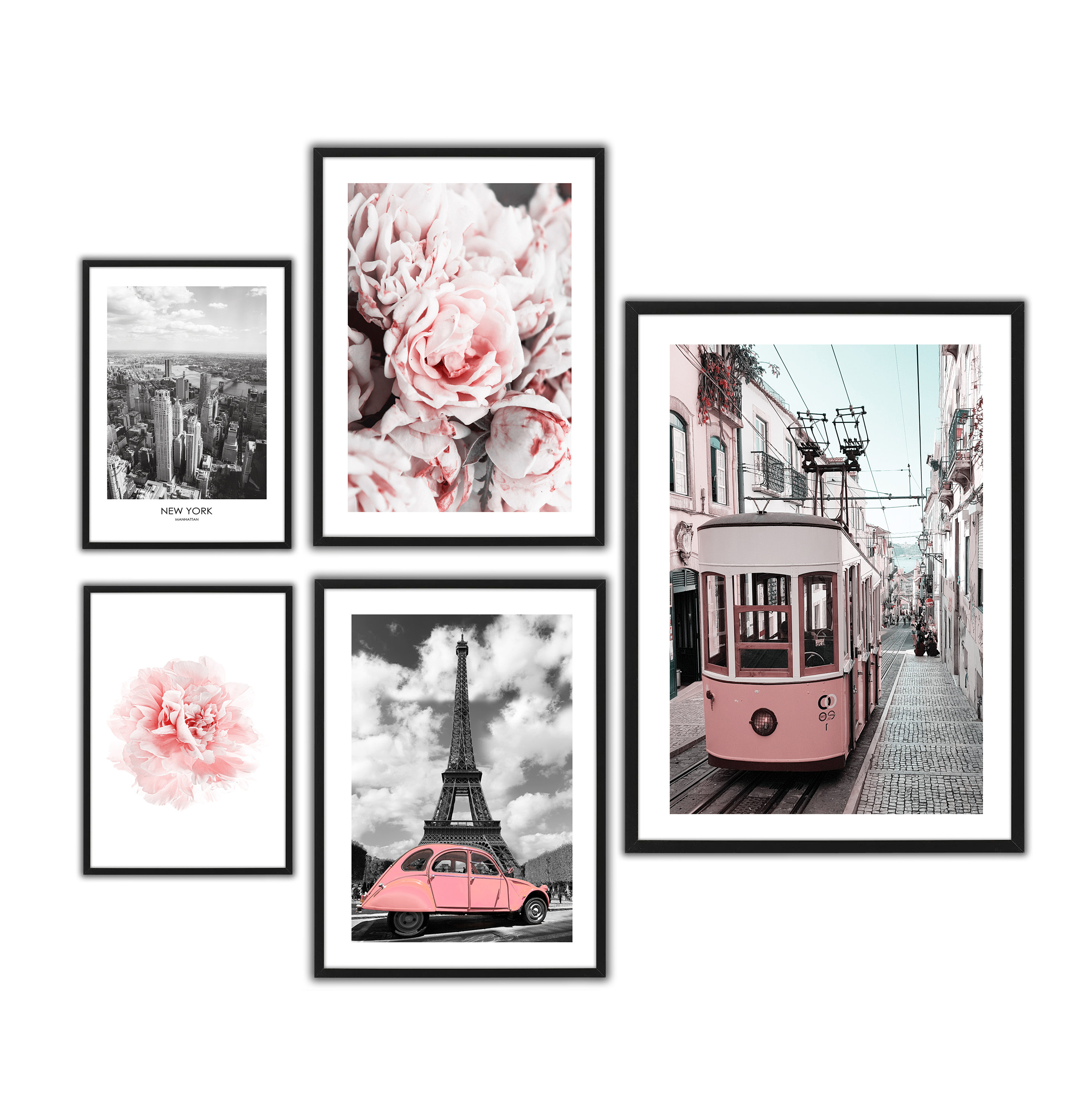 Poster Set of 5 Prints, Gallery Wall Art Set, Pink posters New York Lisboa Print, Canvas Paper Print, Peony Flowers Pictures Set