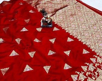 Banarasi Silk Red Bridal Saree for Wedding, Indian Bridesmaid Party Wear Soft Silk Women Sarees, Trendy Designer Bollywood Sari with Blouse