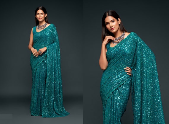 Modern Wear Silk turquoise Bollywood Indian Sari With Blouse Piece