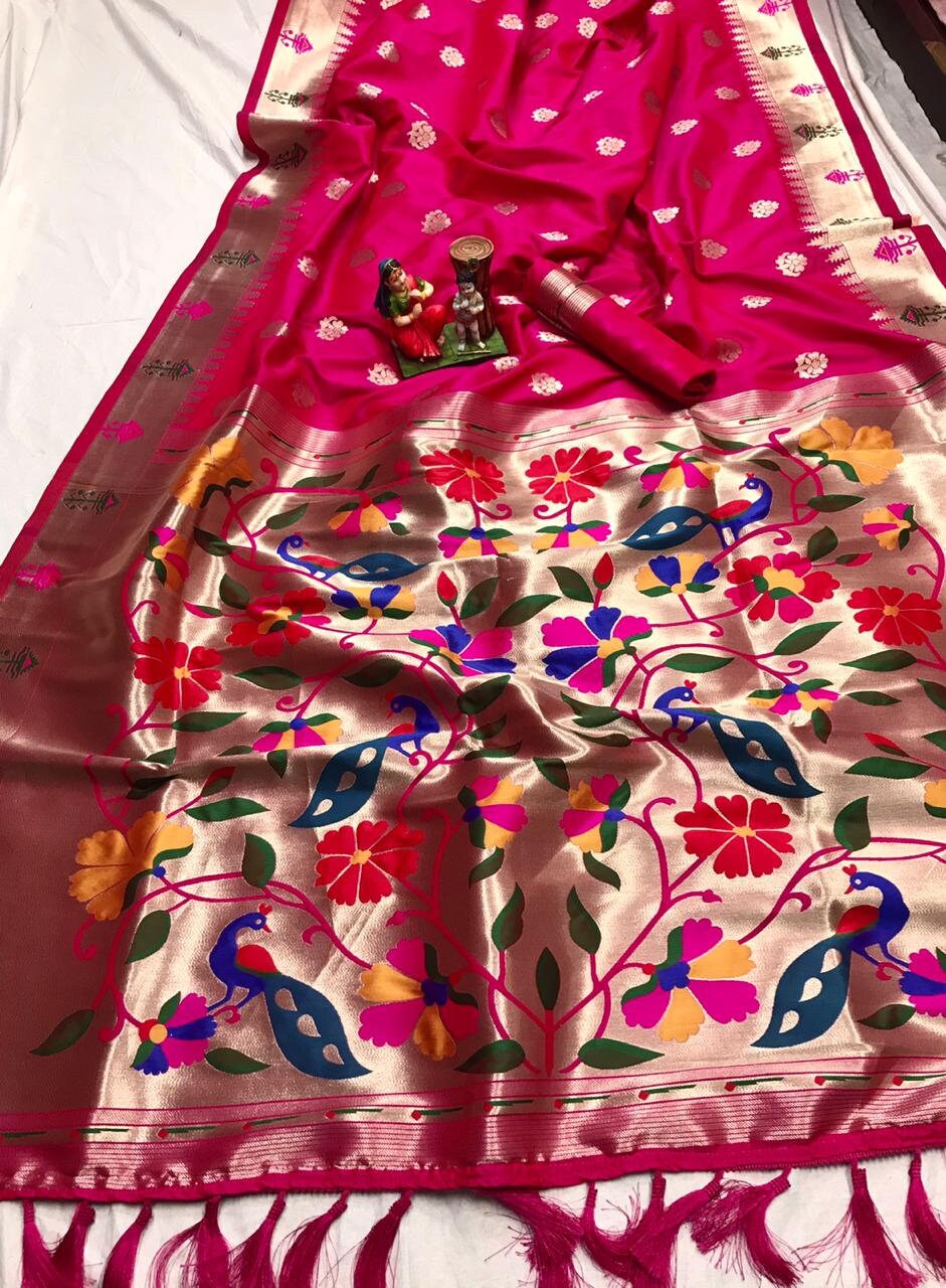 Paithani silk with weaving work saree and blouse for women Indian saree wedding saree light pink saree saree dress designer saree sari