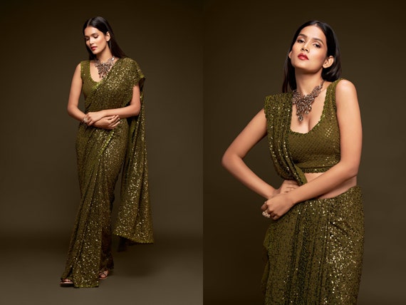 Olive Green Sabyasachi Sequin Work Saree for Party Wear bollywood