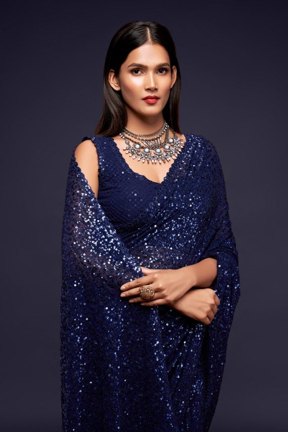 Blush Blue Indian Designer Sequin Georgette Saree With Sequins Work Blouse  Modern and Beautiful Sari for Party, Ready to Wear Saree Women -   Singapore
